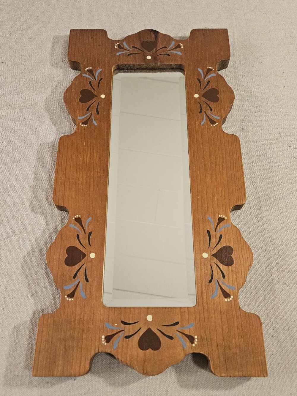 Vintage Folk Art Hand Painted Wooden Wall Mirror Scalloped Cottagecore Heart
